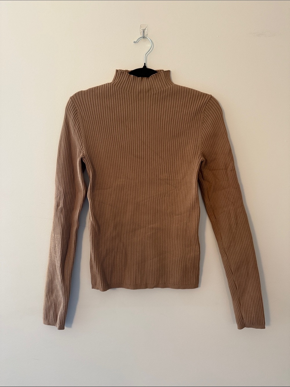 Aritzia Slim Ribbed Mock Neck Long Sleeve Top - Tan